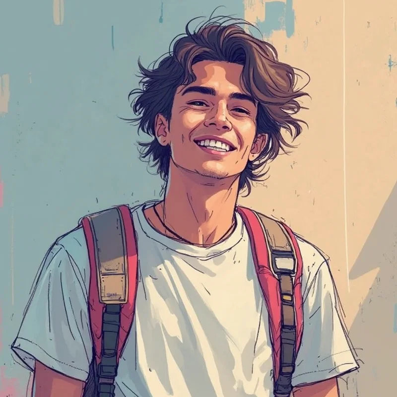 Trans man with a backpack, smiling.