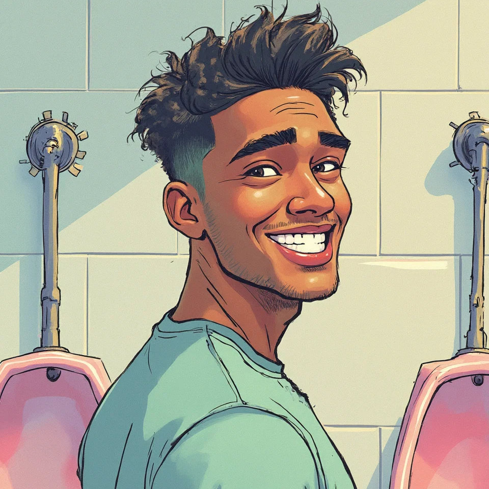 Trans man at a urinal, smiling.