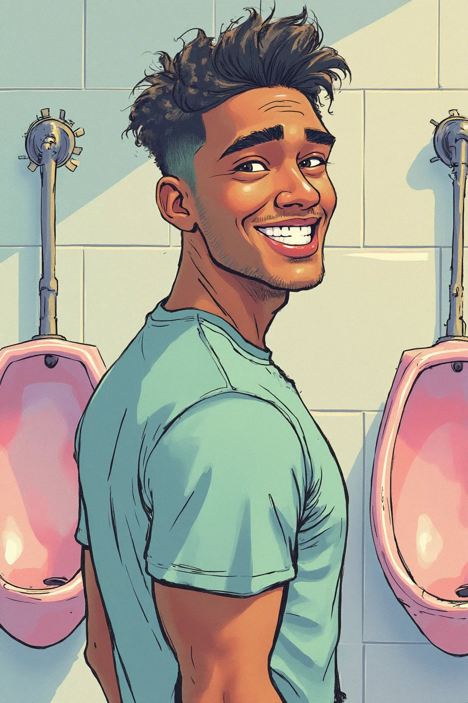 Trans man at a urinal, smiling.